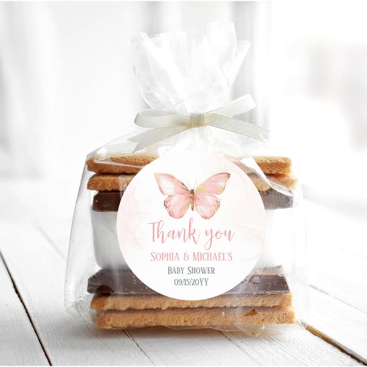 女の子かわいい赤面ピンクバタフライベビーシャワーパーティー ラウンドシール
