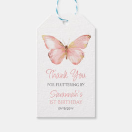 女の子かわいい赤面ピンクバタフライ1st誕生日パーティー ギフトタグ