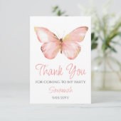 女の子かわいい赤面ピンクバタフライ1st誕生日パーティー サンキューカード (スタンド正面)