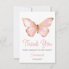 女の子かわいい赤面ピンクバタフライ1st誕生日パーティー サンキューカード