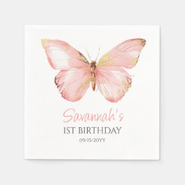 女の子かわいい赤面ピンクバタフライ1st誕生日パーティー スタンダードカクテルナプキン