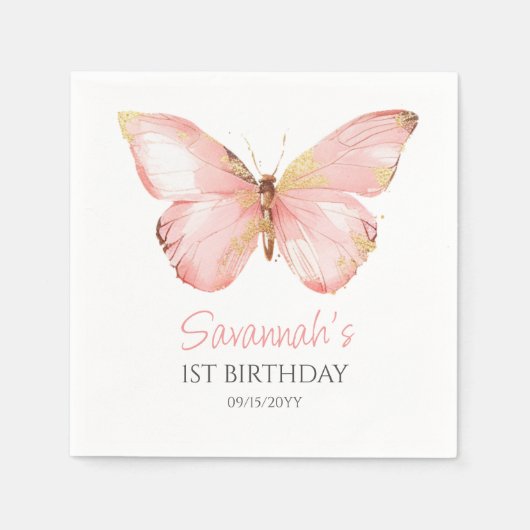 女の子かわいい赤面ピンクバタフライ1st誕生日パーティー スタンダードカクテルナプキン (正面)