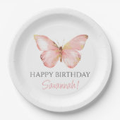 女の子かわいい赤面ピンクバタフライ1st誕生日パーティー ペーパープレート (正面)