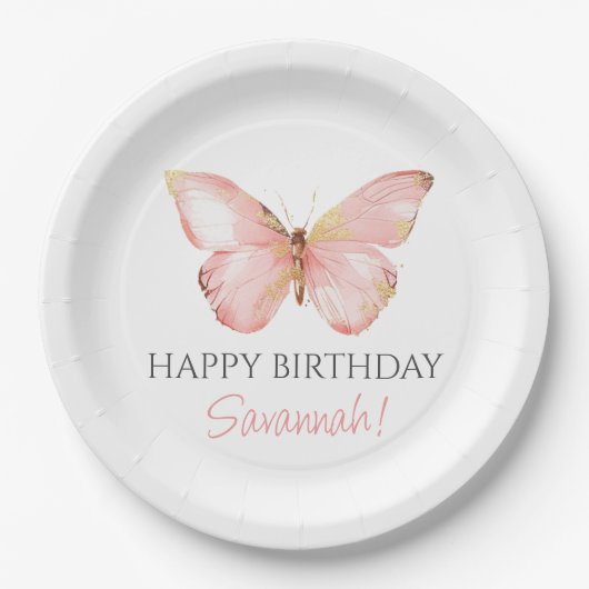 女の子かわいい赤面ピンクバタフライ1st誕生日パーティー ペーパープレート (正面)