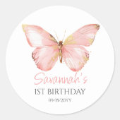 女の子かわいい赤面ピンクバタフライ1st誕生日パーティー ラウンドシール (正面)