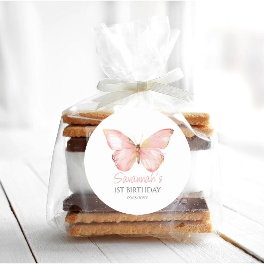 女の子かわいい赤面ピンクバタフライ1st誕生日パーティー ラウンドシール