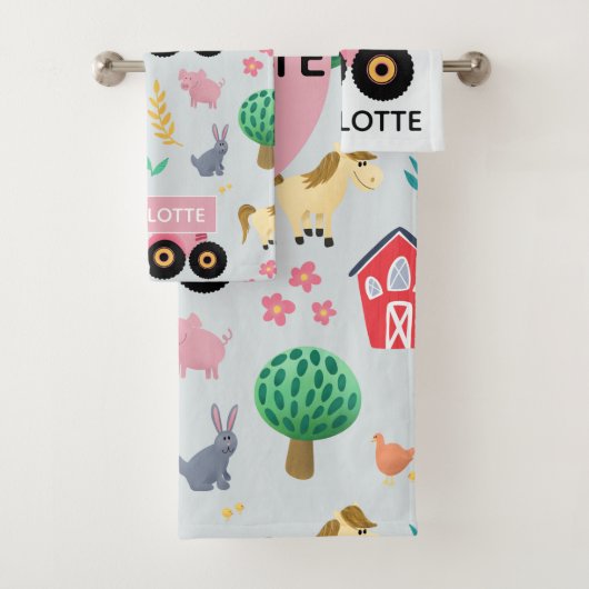 女の子かわいい&ピンクモダンファームトラクターパターンキッズ バスタオルセット (インサイチュ)