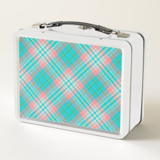 女の子かわいらしティール（緑がかった色）ブルーとピンクプレイドキッズ メタルランチボックス (裏面)