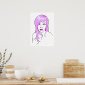 女の子かわいらし漫画ポートレートピンクの髪かわいい顔 ポスター (キッチン)