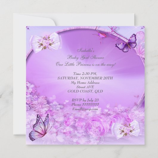 女の子かわいらし赤ちゃんシャワーパープルバタフライエスニック 招待状 (裏面)