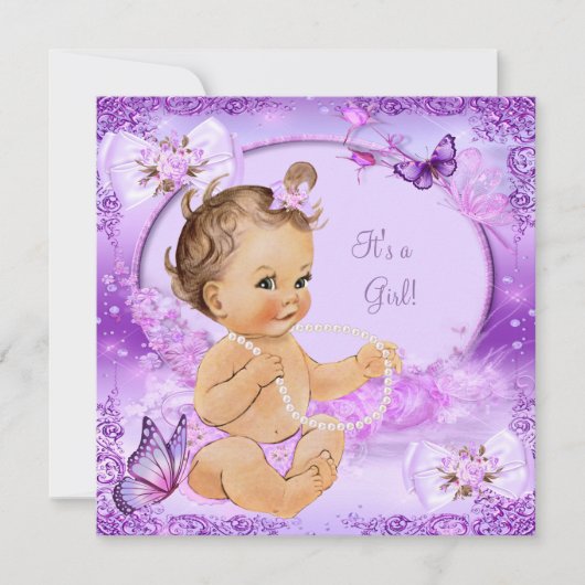 女の子かわいらし赤ちゃんシャワーパープルバタフライブルネット 招待状 (正面)