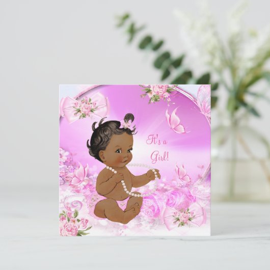 女の子かわいらし赤ちゃんシャワーピンクバタフライエスニック 招待状 (スタンド正面)