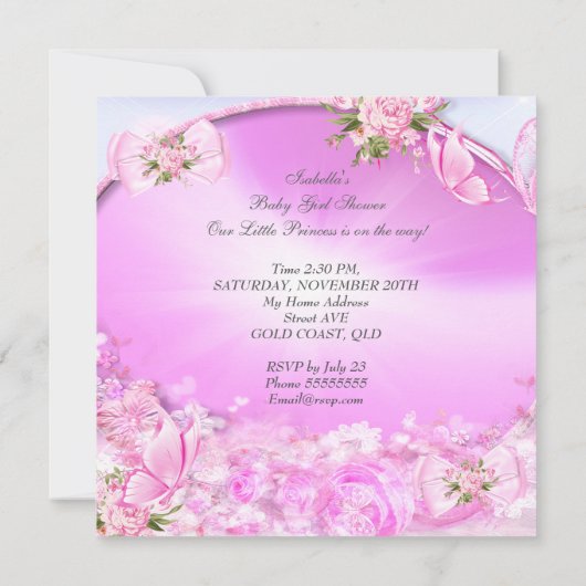 女の子かわいらし赤ちゃんシャワーピンクバタフライエスニック 招待状 (裏面)