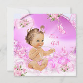 女の子かわいらし赤ちゃんシャワーピンクバタフライブルネットLT 招待状 (正面)
