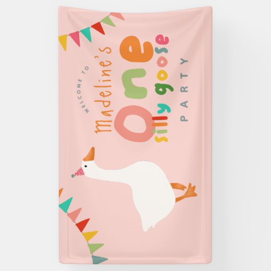 女の子かわいワン間抜けグース1歳の誕生日へようこそ 横断幕 (縦)