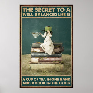 女の子がお茶と愛読の本を飲む ポスター