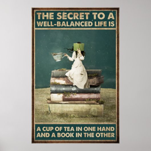 女の子がお茶と愛読の本を飲む ポスター (正面)