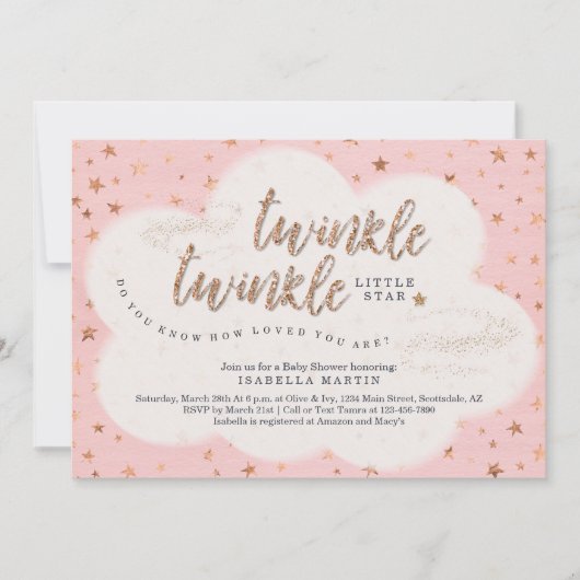 女の子がキラキラ光る小さな星のベビーシャワー 招待状 (正面)
