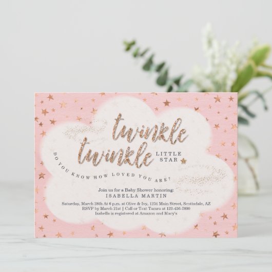 女の子がキラキラ光る小さな星のベビーシャワー 招待状 (スタンド正面)