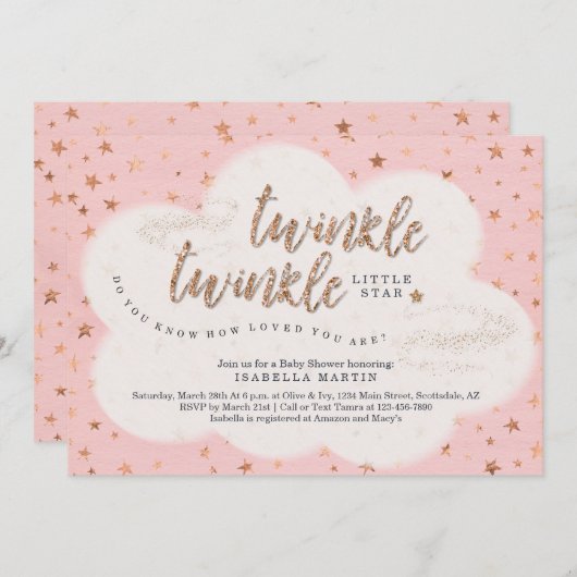 女の子がキラキラ光る小さな星のベビーシャワー 招待状 (正面/裏面)