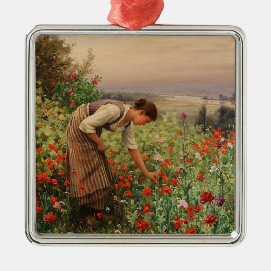 女の子がケシを摘む(フローラシーン) （花畑） メタルオーナメント (正面)
