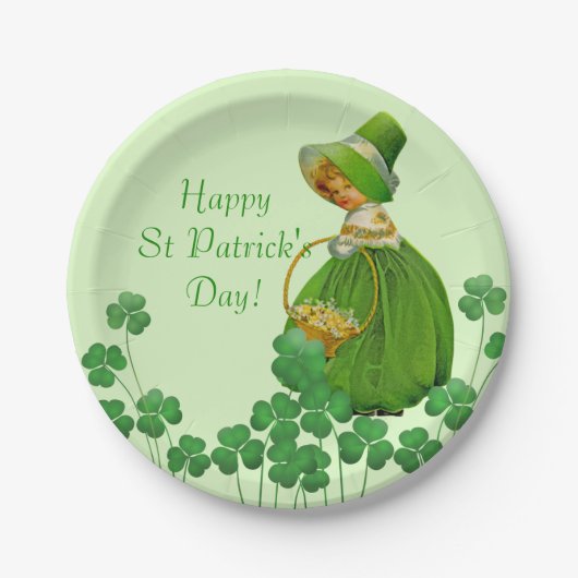 女の子がシャムロックを選ぶ聖パトリックの日 ペーパープレート (正面)