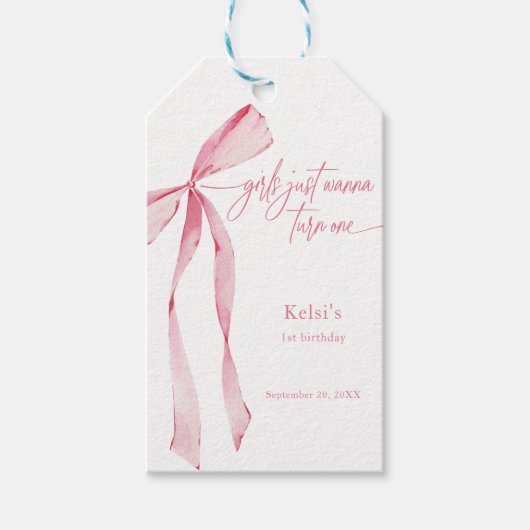 女の子がピンクの弓を1つ回したい1歳の誕生日 ギフトタグ (正面)