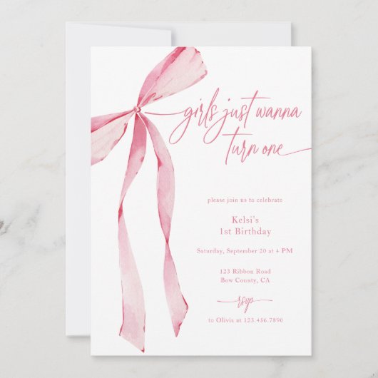 女の子がピンクの弓を1つ回したい1歳の誕生日 招待状 (正面)