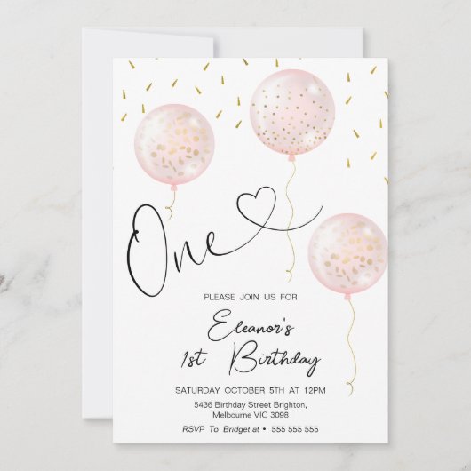 女の子がピンクの風船を振りかける1st誕生日 招待状 (正面)