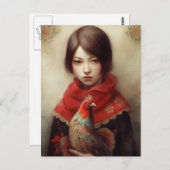 女の子がペットのチキンAIアートを手に入れる ポストカード (正面/裏面)