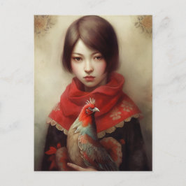 女の子がペットのチキンAIアートを手に入れる ポストカード