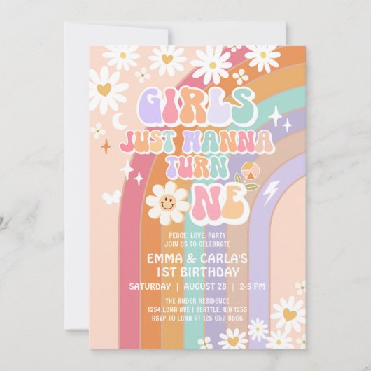 女の子が双子のGroovy 1歳の誕生日を飾りたい 招待状 (正面)