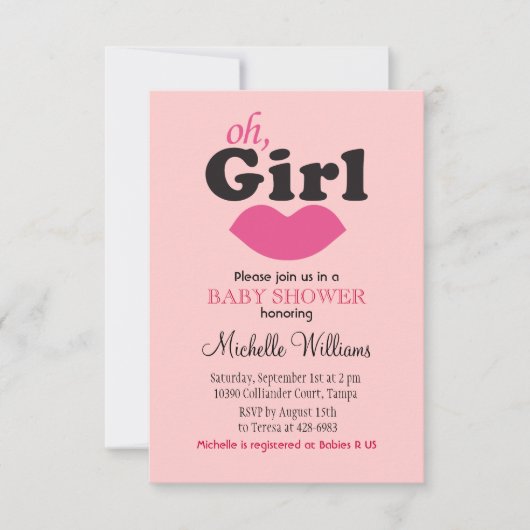 女の子が唇に赤ちゃんシャワーを浴びる 招待状 (正面)