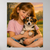女の子が子犬を抱っこしている寝室ポスター ポスター (正面)