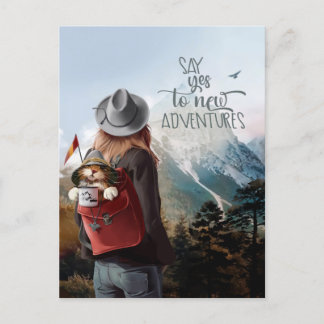 女の子が猫と一緒にバックパックで旅をする ポストカード