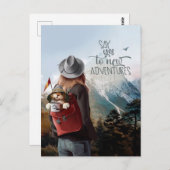 女の子が猫と一緒にバックパックで旅をする ポストカード (正面/裏面)