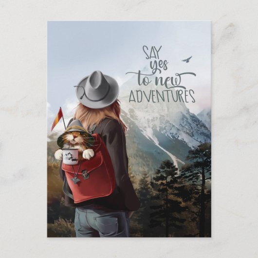 女の子が猫と一緒にバックパックで旅をする ポストカード (正面)