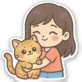 女の子が猫を抱きしめている シール (正面)