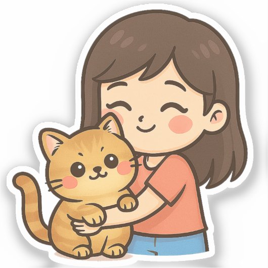 女の子が猫を抱きしめている シール (正面)
