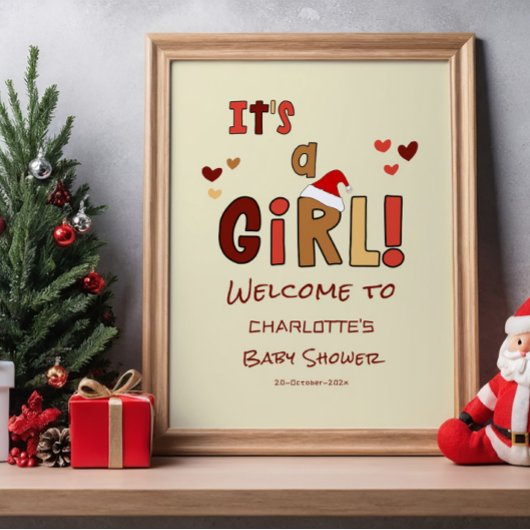 女の子が生まれる！クリスマスのベイビーシャワーのウェルカムサイン ポスター