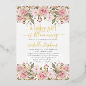 女の子が花を咲かせるピンクのフローラのシャワー 箔招待状 (正面)