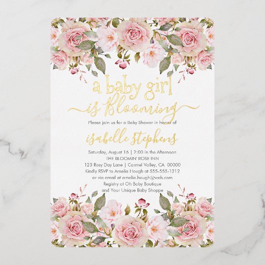女の子が花を咲かせるピンクのフローラのシャワー 箔招待状 (正面)