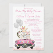 女の子が車で赤ちゃんシャワーかわいい動物 招待状 (正面)