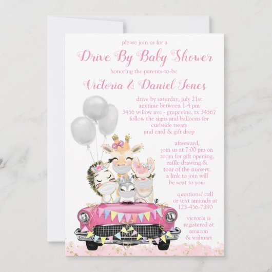 女の子が車で赤ちゃんシャワーかわいい動物 招待状 (正面)