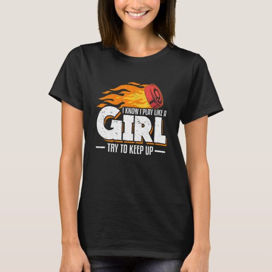 女の子が遊アイスホッケを上げようとす保るのを知っている Tシャツ (正面)