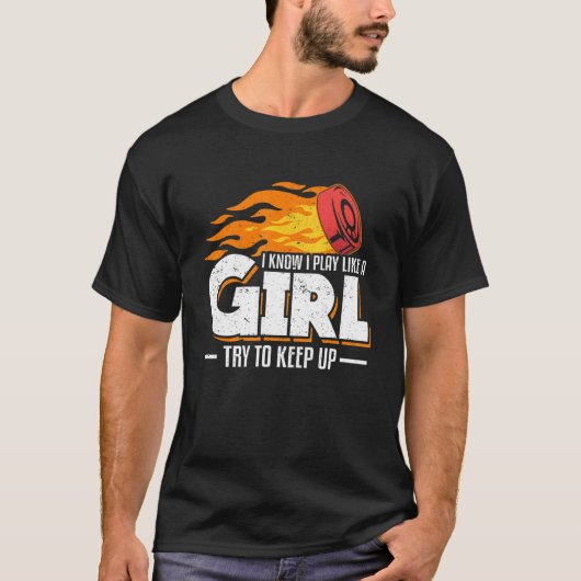女の子が遊アイスホッケを上げようとす保るのを知っている Tシャツ (正面)