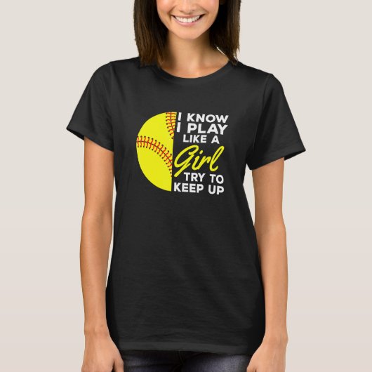 女の子が遊ソフトボールを上げようとするの保が好き知っている Tシャツ (正面)