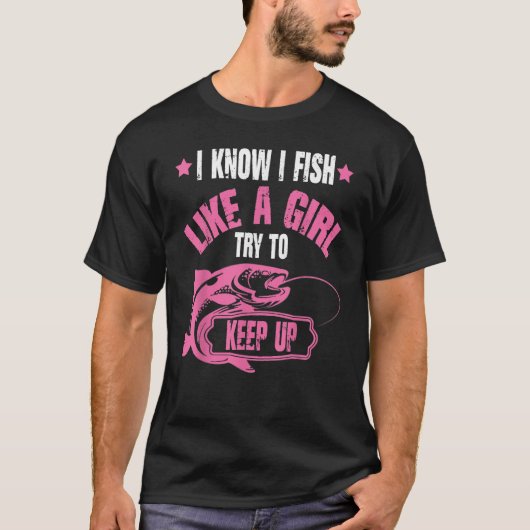 女の子が魚を釣る保と知カッコいいる Tシャツ (正面)