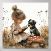 女の子が黒白の子犬に赤いきのこを読んでいる ポスター (正面)