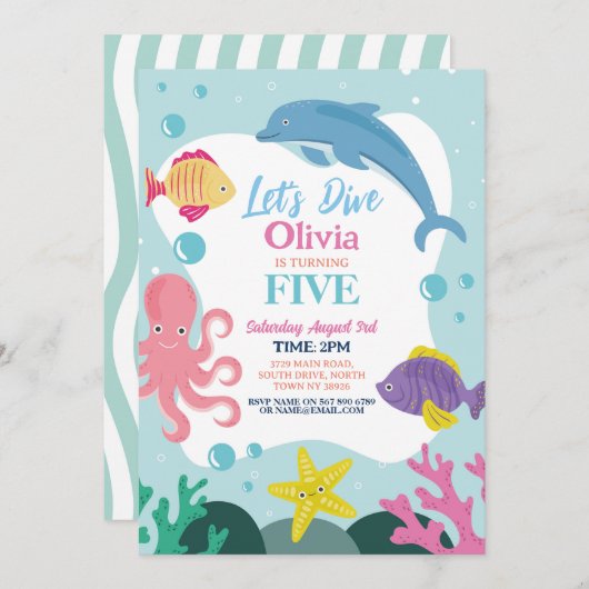 女の子が5番目の海ピンクドルフィンシーをダイビング 招待状 (正面/裏面)